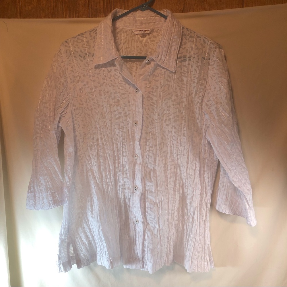Allison Daley White/gray/silver striped patterned button-down 3/4 sleeve 12 P